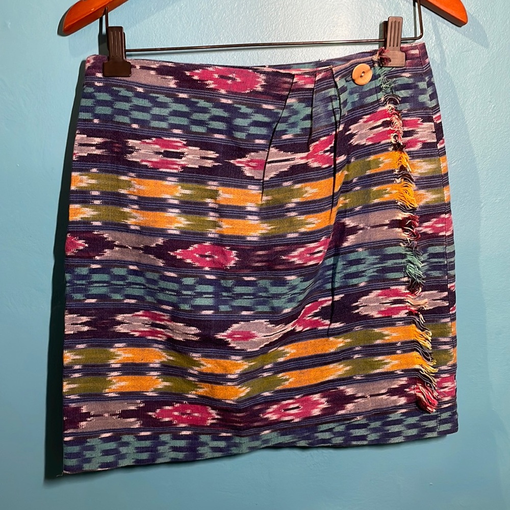 Ikat vintage wrap mini skirt small woven fringe